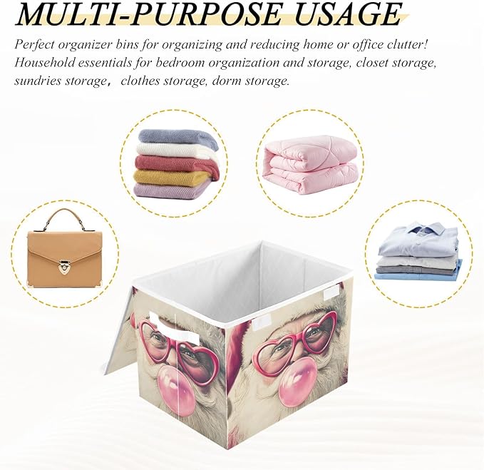 Storage Cube with Lid Funny Santa Print 16.5×12.6×11.8 IN Collapsible Large Capacity Foldable Storage Basket Bin Organizer