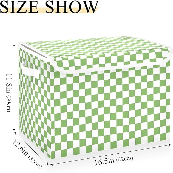 Light Green White Checkerboard Storage Baskets Lidded Bin Foldable Storage Boxes Cubes Lids with 2 Handles for Organizing Closet Home Office