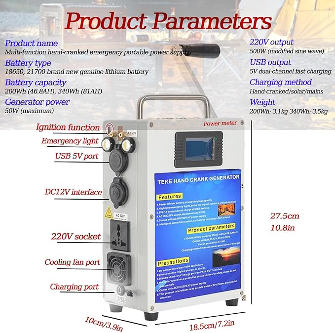 Outdoor Large Capacity Hand Crank Generator 220V/110V 200W/500W High Power Generator Emergency Lighting Tool for Outage/Field Exploration 81AH/500W