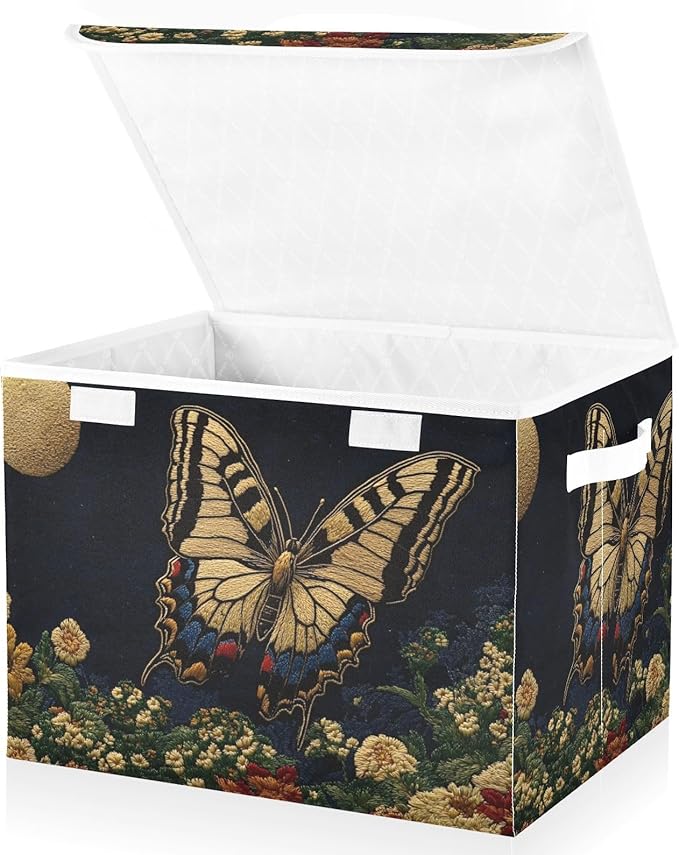 Storage Cube with Lid Floral Butterfly Moon Print 16.5×12.6×11.8 IN Collapsible Large Capacity Foldable Storage Basket Bin Organizer