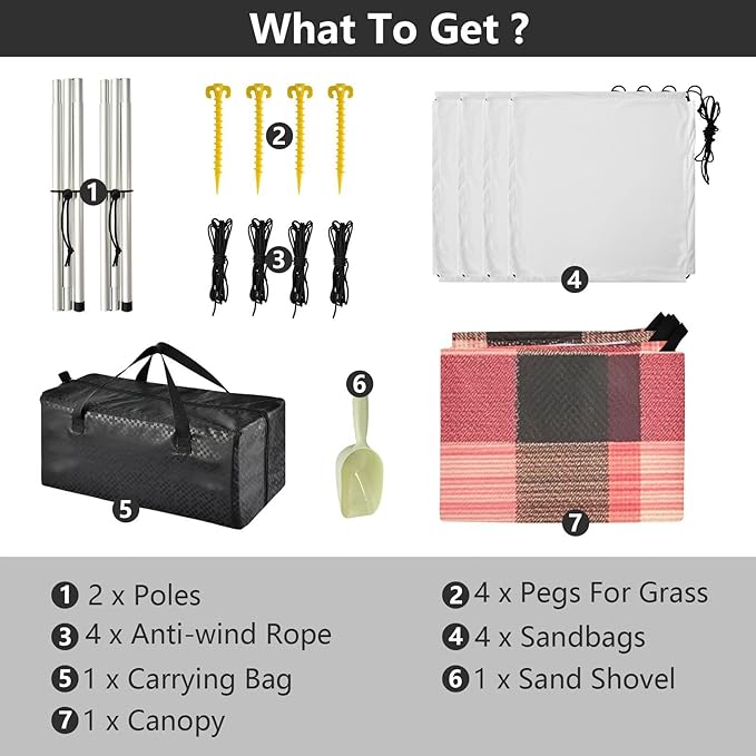 Coral Buffalo Plaid Check Tartan Scotland Stable Beach Tent UPF50 Waterproof Large Portable Sun Shelter with Sandbags &amp Sand Shovel for Camping Trips Fishing Backyard Fun or Picnics