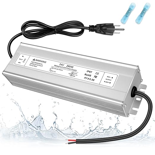 24V 280W LED Power Supply IP67 Waterproof LED Driver AC 110V to DC 24 Volt 11.7A Converter Outdoor Low Voltage Transformer for LED Strip Light Landscape Lighting 3-Prong Plug with 3.3 FT Cable