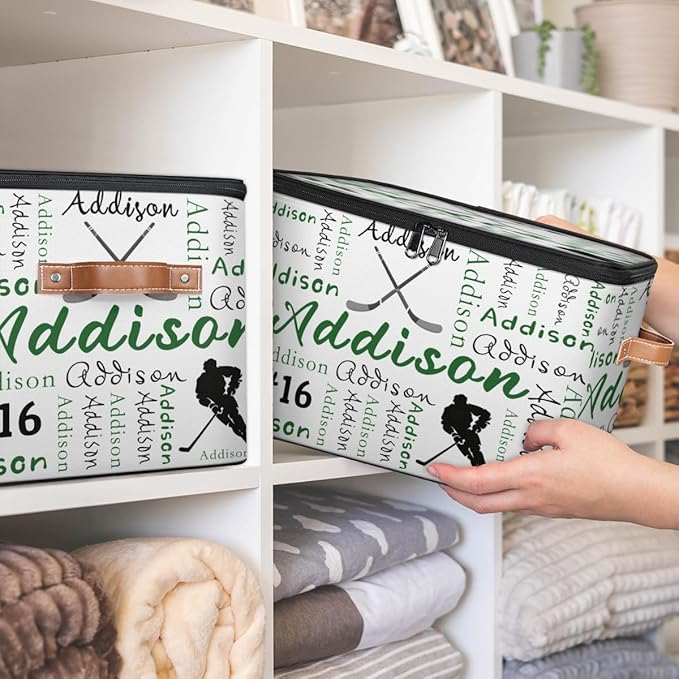 Custom Hockey Storage Bins with Lid Personalized Foldable Storage Basket Boxes with Handle Sport Shelf Basket Closet Organizer Cube
