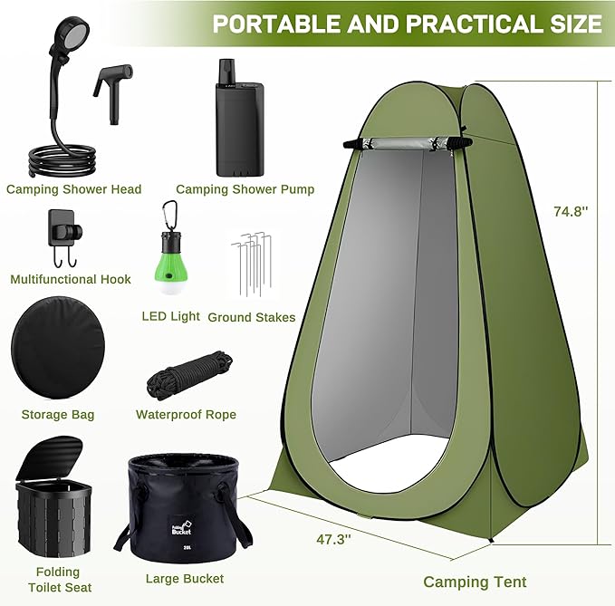 Portable Camping Shower Pop Up Privacy Tent Kit with LED Light and Foldable Toilet 6000mAh LCD Screen Shower Pump 5.3 Gallons Bucket Outdoor Shower for Hiking Travel Car