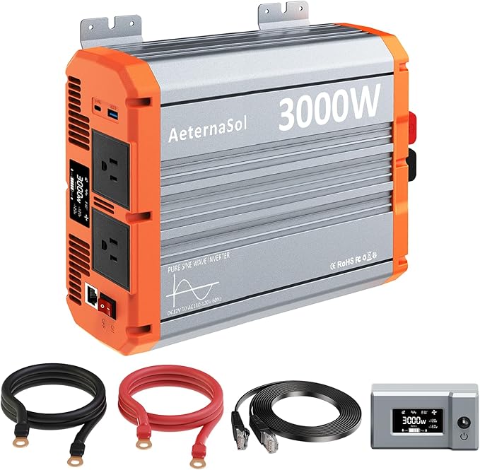 3000W Pure Sine Wave Inverter 12V DC to AC 110V/120V RV Inverter with Remote Solar Battery Inverter 12V Inverter for Power Outage Pickup Shed 2 AC Outlets USB Fast&ampType-C 2 LCD ScreensSurge6