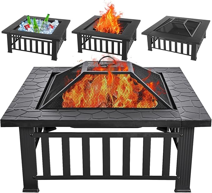 Panovue Multifunctional Fire Pit Table 32 inch Square Metal Firepit Stove Backyard Patio Garden Fireplace for Camping Outdoor Heating Bonfire and Picnic