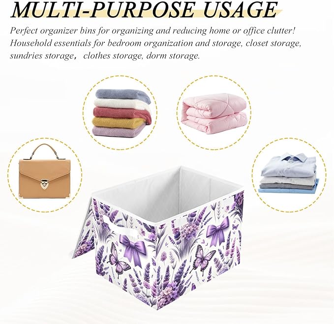 susiyo Large Foldable Storage Bin with Flip-Top Lid Lavender Flowers Butterflies Storage Box Collapsible Closet Organizer Containers Boxes Decorative Baskets with Handles for Home Bedroom Living Room