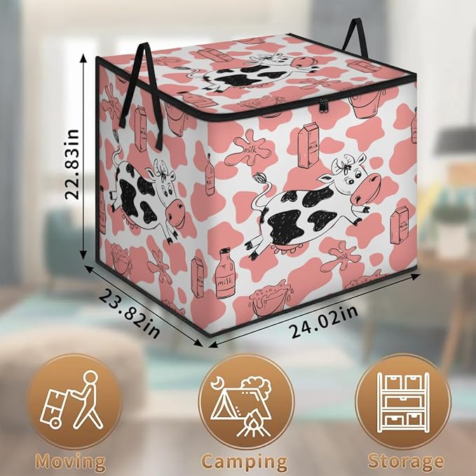 Large Milk Cow Storage Bags with Lid XL Blanket Clothes Storage Bins Foldable Organizers Storage Containers with Handle for Comforters Bed Sheets Pillows Cow