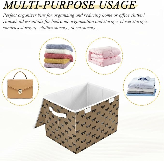 Storage Bins With Lid Stackable Fabric Closet Organizer Clothing Storage Large Boxes For Closet Shelves Bedroom Brown Textured Bow