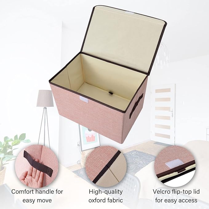 Bagnizer Linen Fabric Foldable Storage Cube Bin Organizer Basket with Flip-Top Lid &amp Handles Large Clothes Blanket Box for Home Office Closet Gray &amp Pink 4 Pack 14.6 x 9.5 x 9.5”