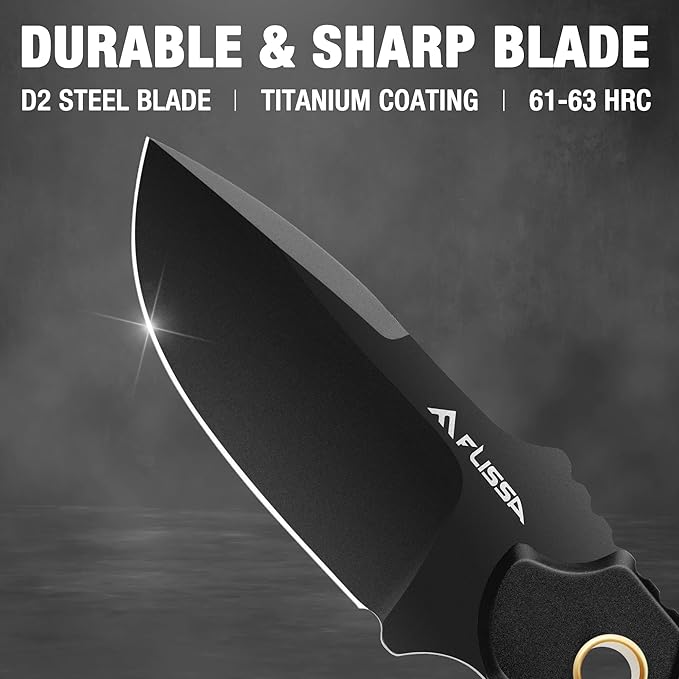 FLISSA Fixed Blade Knife 7 Inch Full Tang Hunting Knife with Kydex Sheath and Emergency Rope Tactical Knife for Survival Camping Hiking(Black) (Pack of 2)