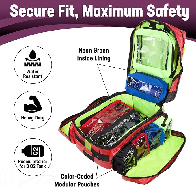 Kemp USA Heavy-Duty EMT Bag Made with Fluid-Resistant Tarpaulin Material - Emergency Survival Kit with Room for D O2 Tank - Medical Backpack with Multiple Handles (Tarpaulin Fabric Red)
