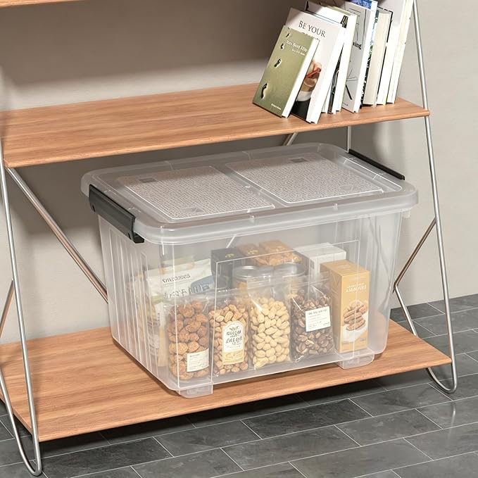 50 L Plastic Lidded Storage Bin 4 Pack Clear Latching Storage Box with Wheels