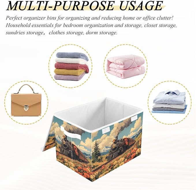 AIXIWAWA Lidded Storage Cube (Spring Wild Train) Fabric Foldable Closet Bins with Flip Lid and Handles Organizer Basket Container 16.5 x 12.6 x 11.8 IN