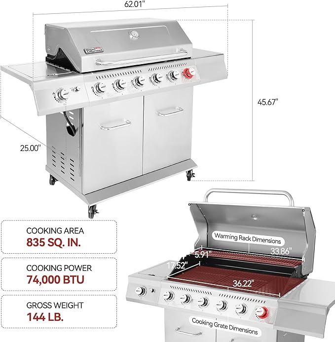 Royal Gourmet GA6402S 6-Burner Propane Gas Grill with Side Burner and Warming Rack 74000 BTUs Cabinet Style Outdoor BBQ Grill for Barbecue Grilling &amp Backyard Cooking Silver