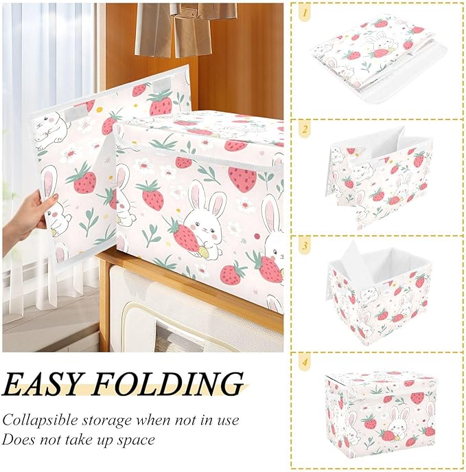 Rabbit Strawberry Large Collapsible Storage Bins with Lids Easter Storage Baskets Organizer Containers with Handles for Nursery Clothes Toys