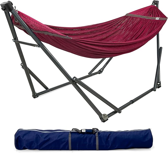 Tranquillo Adjustable Hammock Stand Collapsible Camping Hammock with Stand 600 lbs Capacity Hammock Stand for 2 Persons Foldable Sturdy Noiseless Stand for Active Life Carry Bag Included Red