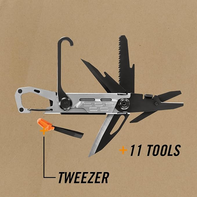 Gerber Gear Stake Out 11-in-1 Multi-tool 2.2 Plain Edge Blade Tent Stake Puller Carabiner Carry EDC Gear and Equipment Silver