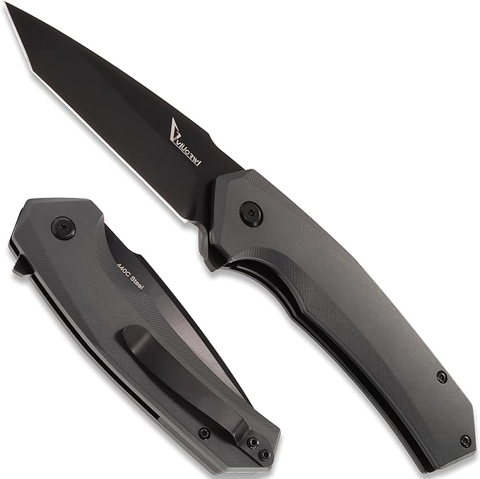 Tactical Pocket Knife - EDC Folding Knife with 440C Stainless Steel Tanto Blade Black Coated Gray Aluminum Handle Liner Lock &amp Deep Carry Clip for Men Outdoor Survival Camping Valentine's Gi