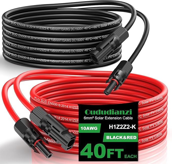 Oududianzi Solar Extension Cable 40Ft Solar Wire 10AWG Tinned Copper PV Cable 10Gauge Solar Panel Wires and Connectors for Home RV Boat Outdoor Camping Solar Photovoltaic Systems Set of 2