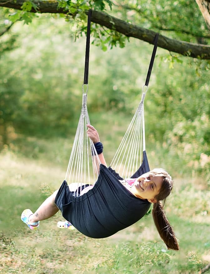Chihee Hammock Chair Hanging Swing 2 Pillows IncludedStrong Webbing Straps and Hooks for Easy Hanging Soft Cotton Hanging Chair Side Pocket Tassel Chair Comfort Indoor Outdoor Dark Grey