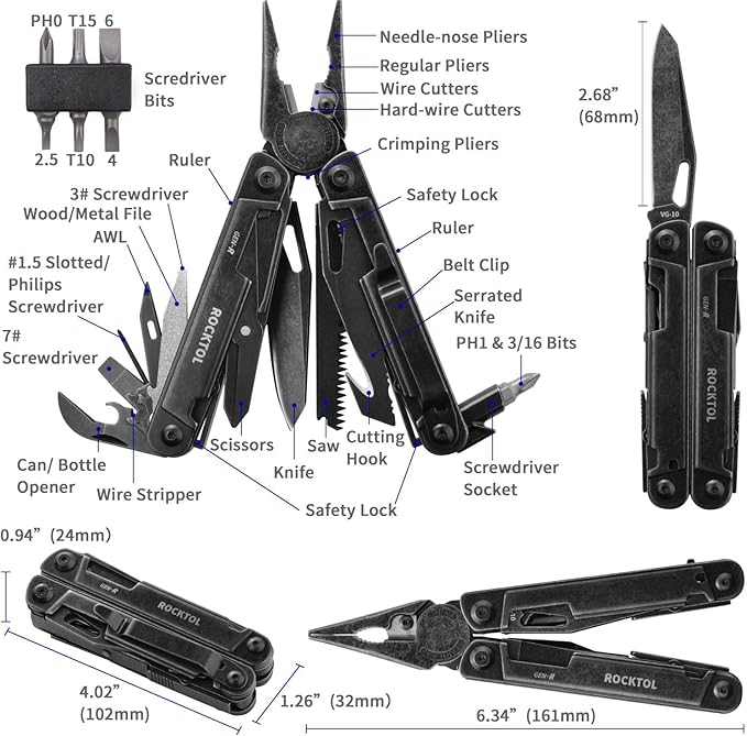 ROCKTOL Gen-R RB Multitool Pliers VG10 Blade 27-in-1 Multi-tool EDC Pocket Knife Retro Black Finish Precision Screwdriver Gut Hook for Hunting Backpacking Hiking Camping