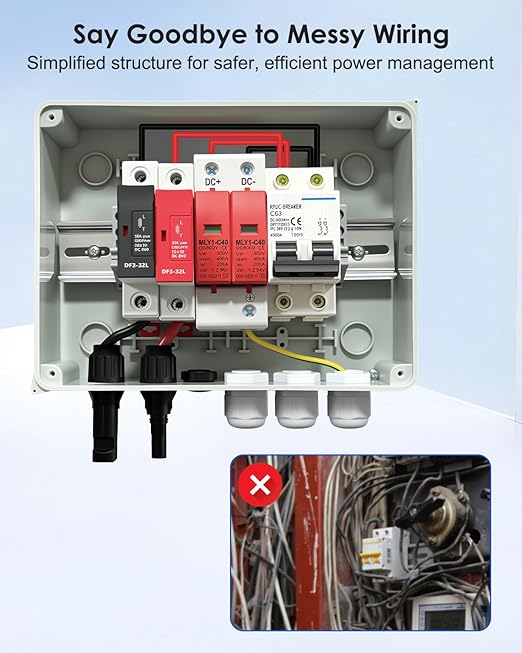 600V Solar DC PV Combiner Box 1 String IP65 Waterproof 63A Circuit Breaker Box 2Pcs 32A Fuse &amp Lightning Arrester Connector for On/Off Grid Solar Panel System 1 Input 1 Out