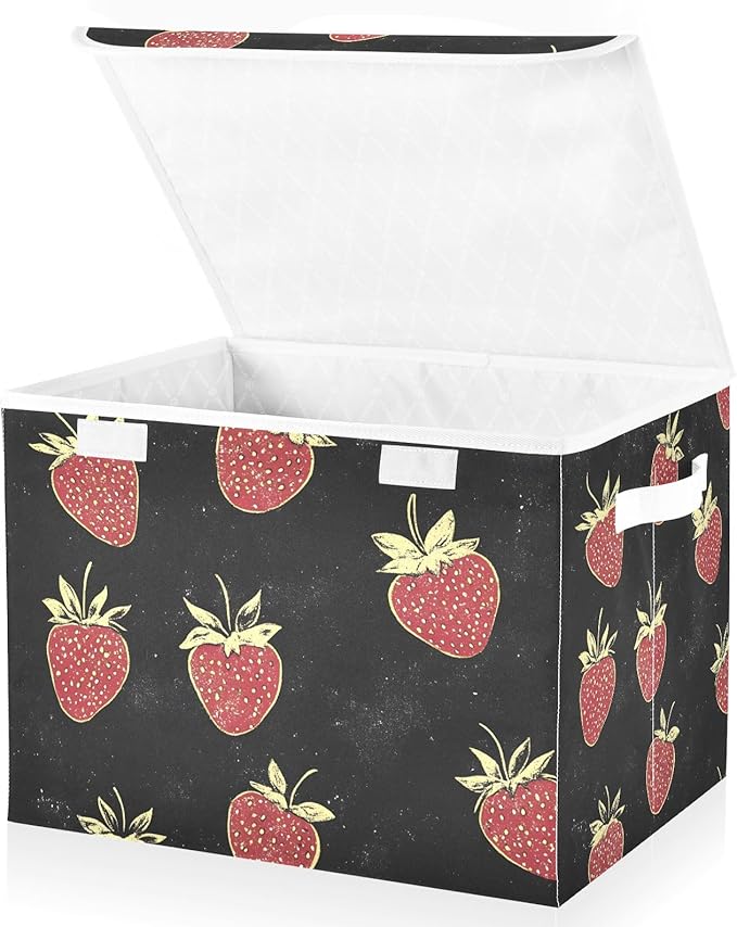 Storage Cube with Lid Cartoon Strawberry Print 16.5×12.6×11.8 IN 1 Pack Collapsible Large Capacity Foldable Storage Basket Bin Organizer
