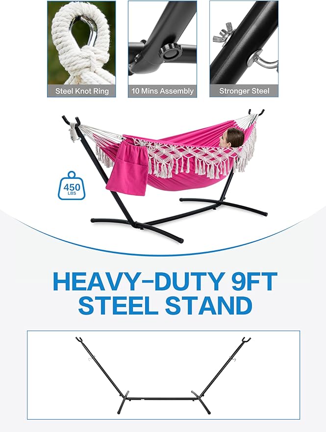 PNAEUT Handmade Tassel Hammocks Double Hammock with Stand for Outside Max 450 lbs Capacity Pillow &amp Storage Bag Included (Pink)