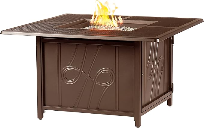 Oakland Living Square 42 in. x 42 in. Aluminum Propane Fire Pit Table with Glass Beads Two Covers Lid 57000 BTUs in Brown Finish