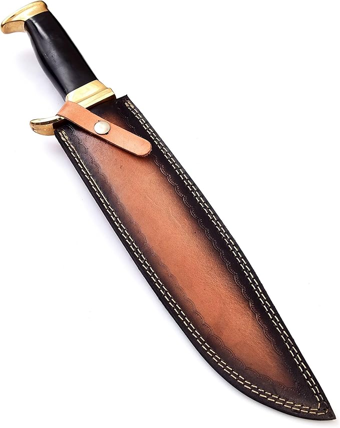 15.5 Long D-2 steel Hunting Bowie Knife Natural Rose wood scale with Brass finger guard &amp Pommel Over 10 sharp D-2 solid steel blade with blood groove Cow Hide Leather sheath with belt loop