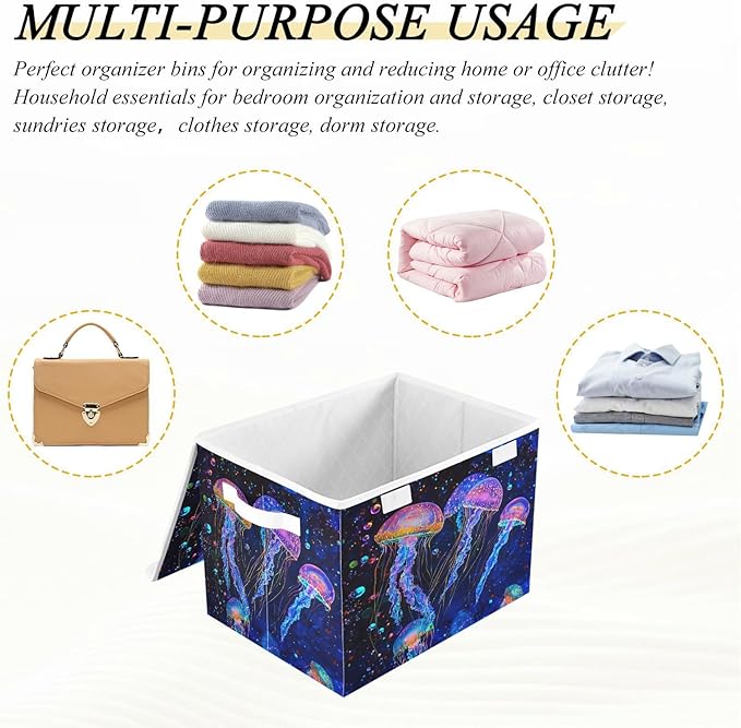 Ocean Jellyfishes Bubbles and Starfishes Collapsible Storage Bins with Lids Decorative Fabric Cubes Closet Organizer Basket Boxes Containers for Clothes Box Chest Folding Rec