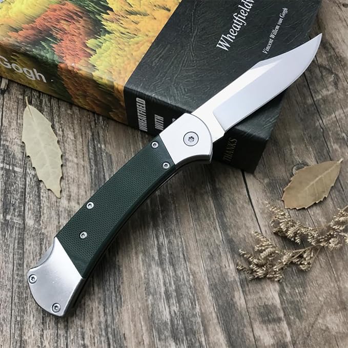 push button assisted opening Folding Knife440C Stainless Steel Blade Backlock G10 Handle with Leather Sheath EDC Pocket Knives for Men (Green)