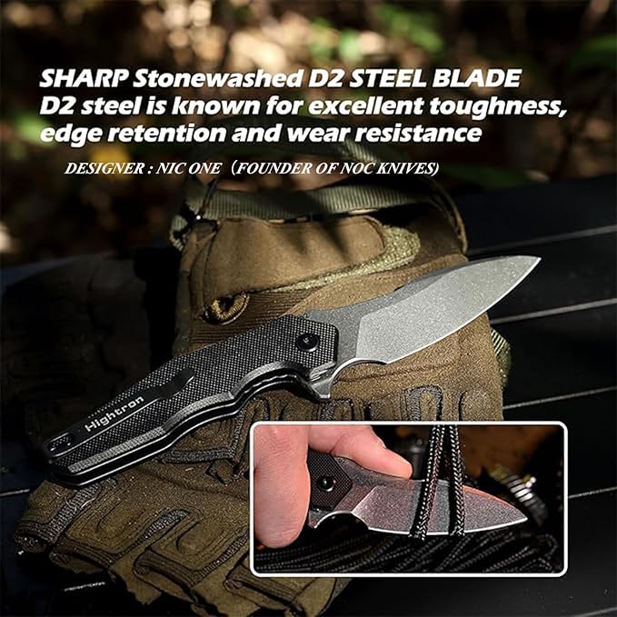 Hightron Mini Ventura Pocket Knife Flipper Folding Knife with 2.85 Stonewashed Sharp D2 Blade and G10 Handle EDC Pocket Knives with Pocket Clip for Camping Hiking Black-W
