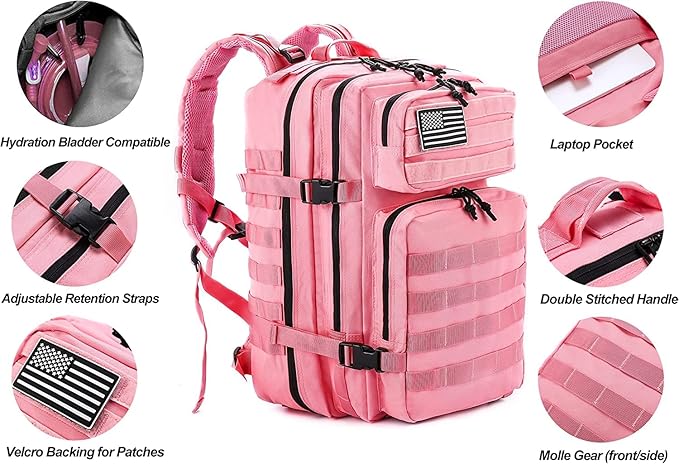 50L Military Tactical Backpack Training Gym Fitness Bag Outdoor Hiking Camping Army Molle Backpacks for Women Travel (Pink)