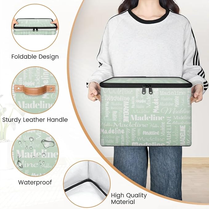 Custom Storage Basket with Name Personalized Keepsake Box with Zipper Lid Foldable Fabric Memory Bin Large capacity with Handle Green