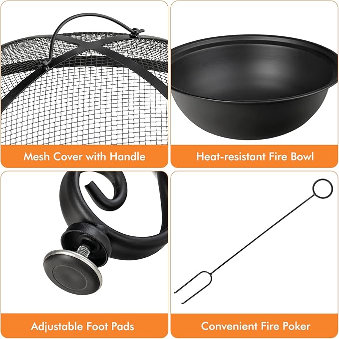 Giantex Fire Pit Table 4-in-1 Outdoor Dining Table 36 Inch Multifunctional Metal Round Patio Table Wood Burning Fire Pits with Cover Grill Grate Poker for Garden Poolside Backyard Fireplace