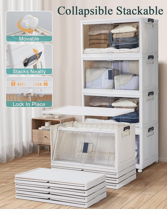 OlarHike 97QT Stackable Storage Bins with Lids - Folding Storage Box with Doors and Wheels Collapsible Plastic Storage Drawers for Closets and Organization Garage Office Cabinet 4 Pack Cubes