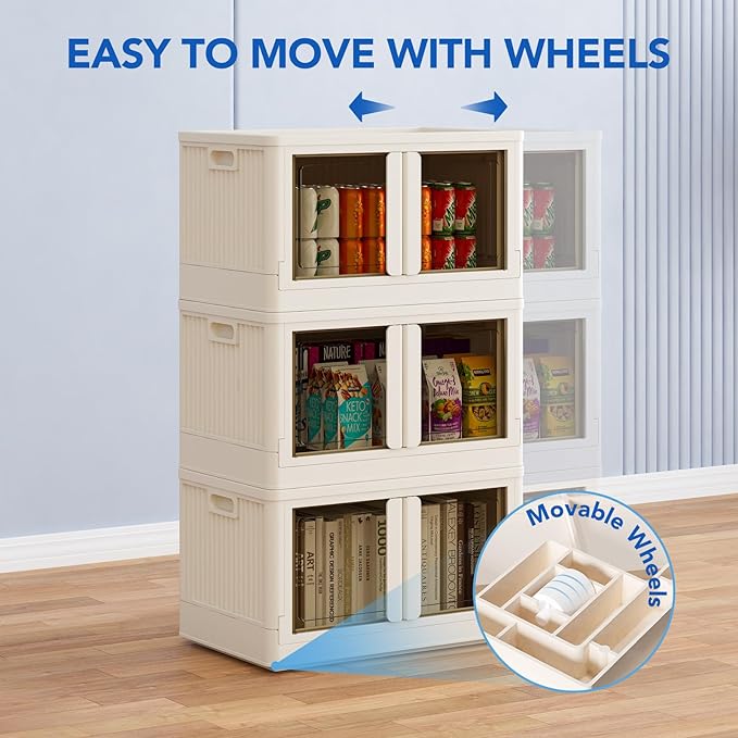 FLEXIMOUNTS 152 QT Stackable Storage Bins With Lids Collapsible Plastic Storage Bins Closet Organizers and Containers with Doors and Built-in Wheels For Home 2 Pack Cubes Milky White