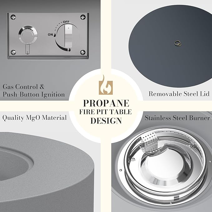 32.5 Inch Propane Fire Pit Table 50000 BTU Round Patio Fire Pit Table Outdoor CSA Certified Stainless Burner with Steel Lid Waterproof Cover &amp Lava Rocks for Backyard Garden Gray