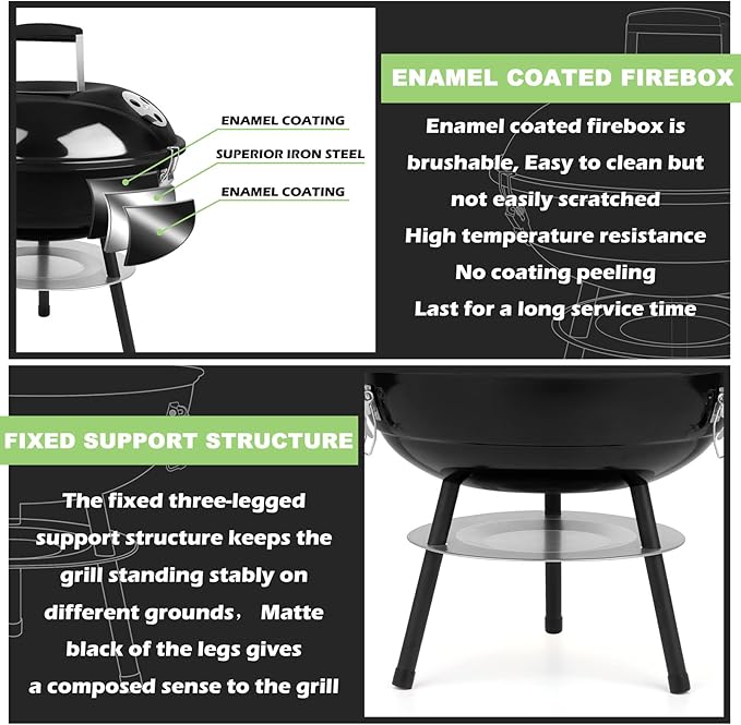 14 inch Charcoal Grill Joyfair Small Portable BBQ Grill with Locking Lid for Outdoor Camping/Patio/Backyard Barbecue/Tabletop Cooking Enamel Coated &amp Dual Vent System (Black)