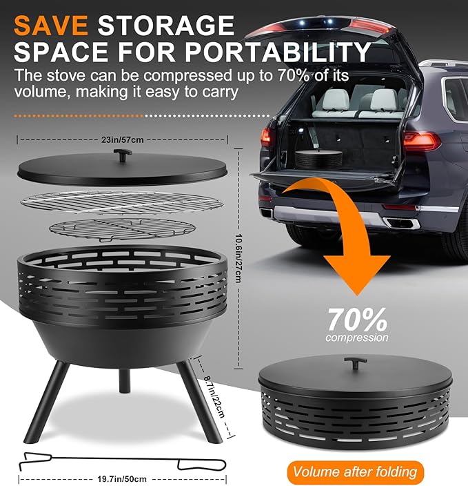 23 Inch Cast Iron Round Fire Pit with Grill 3-in-1 Outdoor Fire Bowl Fire Pit Table with Metal Lid and Fire Poker Wood Burning Firepit for BBQ Bonfire Patio Picnic