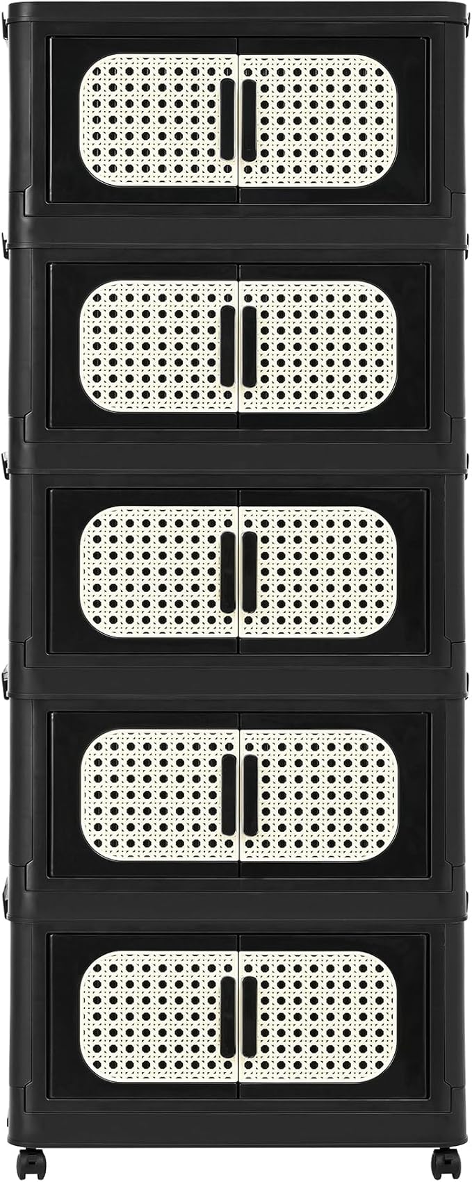 5 Tiers Folding Storage Cabinet20 Side Wide Stackable Storage Bins with Doors and Wheels Space Saving Plastic Cabinet for Living Room Office Dorm Retro Black