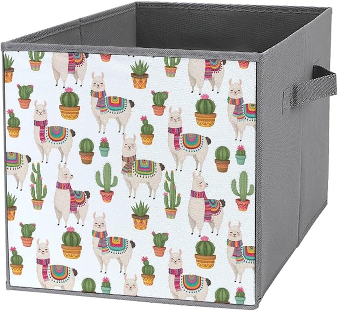 Space-Saving Fabric Storage Cubes Llama And Cactus Collapsible Baskets with Handles Stylish Storage Solution for Home