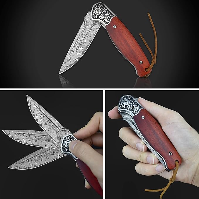 KOMWERO Damascus Pocket Knife VG10 Damascus Steel Folding Knife with Wood Handle Leather Sheath Liner Lock EDC Knife for Outdoor Survival Hunting Collection