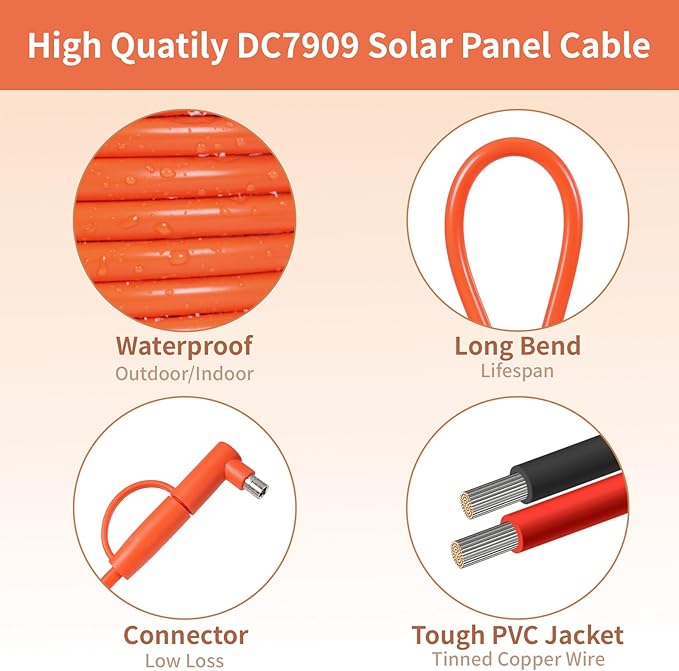 Solar Connector to DC 8mm Adapter Cable 25FT 12AWG + 14AWG Tinned Copper Wire with DC7909 to DC8020 Adapter Heavy Duty Charging Cable for Portable Power Station RV Outdoor Camping