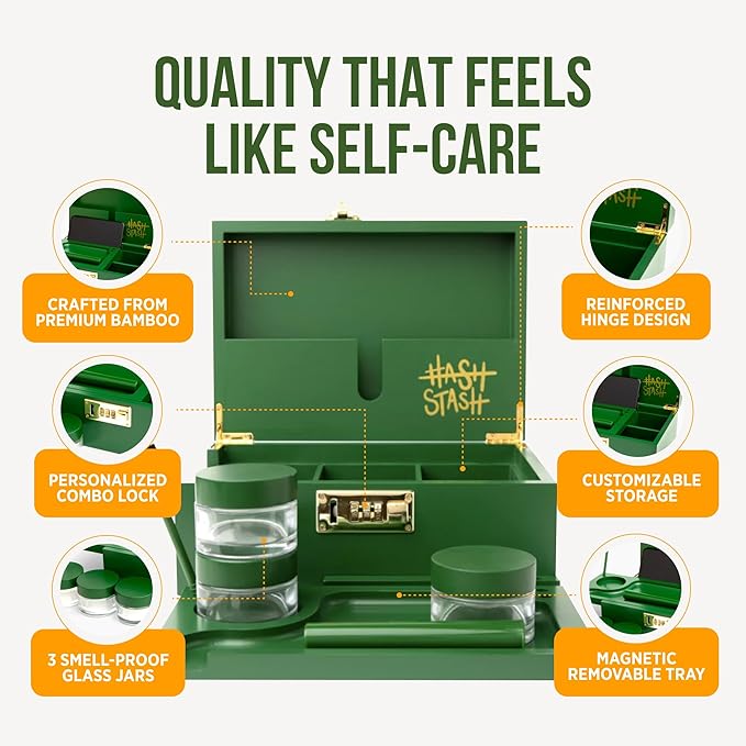 The OG Stash Storage Box - Large Bamboo Box with Combination Lock Magnetic Lid Organizer Tray 3 Jars and Brush - Portable Decorative Wooden Lock Kit with Accessories (Green/Gold)