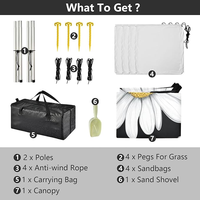 ALAZA Beautiful Daisy Flower on Black Beach Tent Sun Shelter Portable Canopy Sunshade for Outdoor Camping Picnics Backyard Fun 10x9 ft