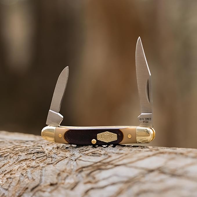 Old Timer 104OT Small Canoe 4.7in Stainless Steel Traditional Folding Pocket Knife with Clip Point and Drop Point Blades Sawcut Handle and Convenient Size for EDC Camping Hunting and Outdoors