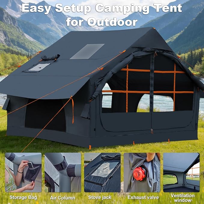 Inflatable Camping Tent2/4/6/8 Person Glamping Inflatable Tents with Awning Quick Setup Blow Up Tents with Pump Waterproof Oxford Inflatable House for Camping Air Glamping Hot Tents for Adult